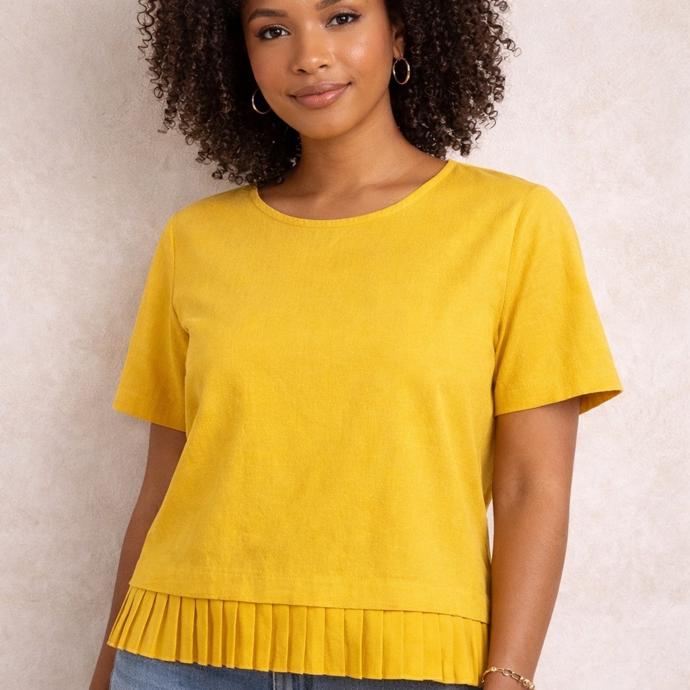 ZARA Woman Yellow Pleated Fringe Hem Top Small Boho Festival Short Sleeve NWOT‎